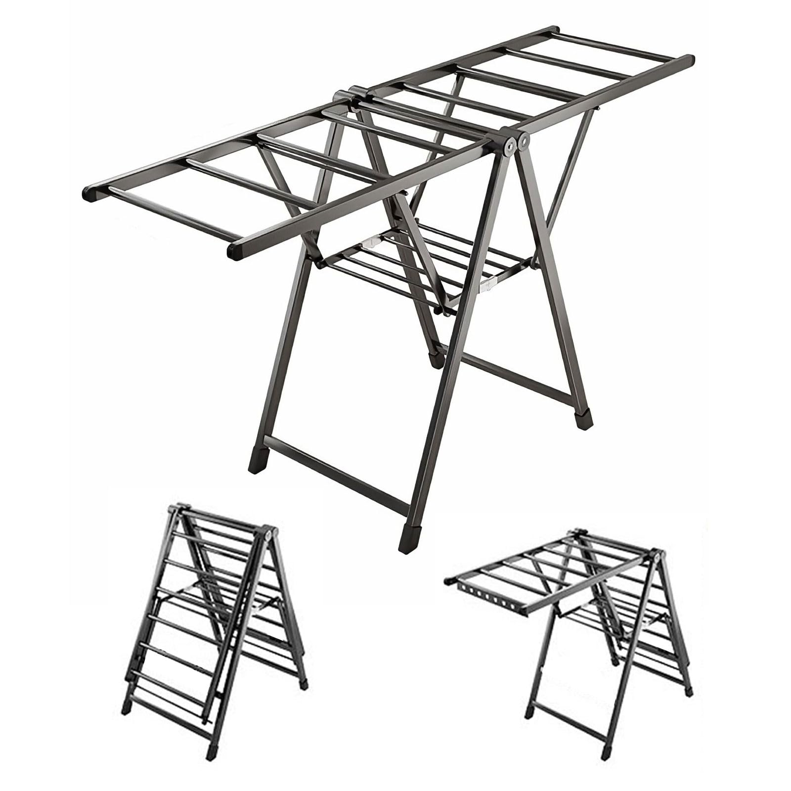 BCJMKDX folding clothes horse, 2-Tier Folding Laundry Drying Rack With Height-Adjustable Wings, Aluminum Floor Clothes(Basic,140cm silver)