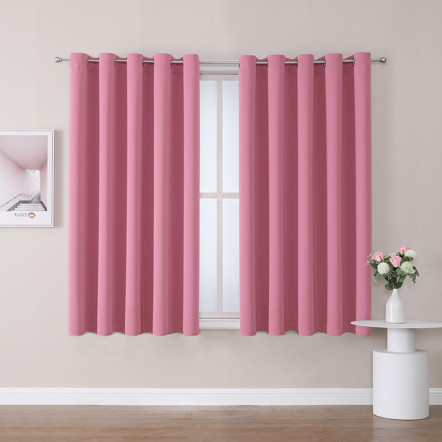 ChrisDowa Room Darkening Curtains for Bedroom and Living Room 70 Inch Wide | 2 Panels Set, Extra Wide, Thermal Insulated, Noise Reducing, Grommet, Blackout Drapes for Window, Pink, 70 x 63 Inch