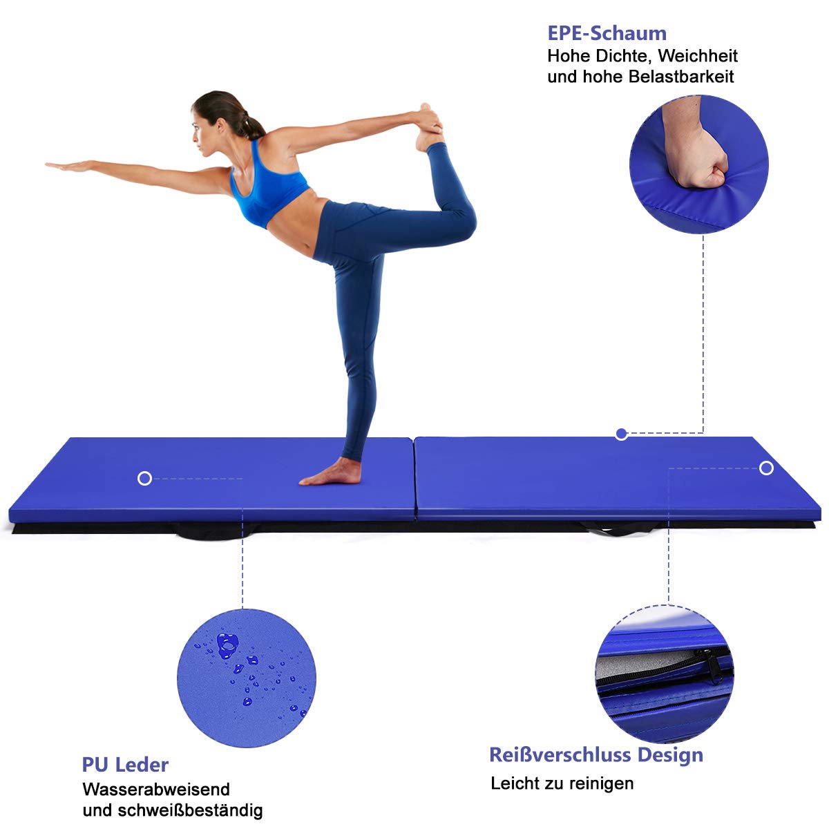 GYMAX Klappbare Trainingsmatte 180 x 60 x 4 cm, Turnmatte mit Griff, Fitnessmatte, Weichbodenmatte mit Kunstleder-Oberfläche & Schaumstoff, Gymnastikmatte für Gymnastik, Yoga & Pilates