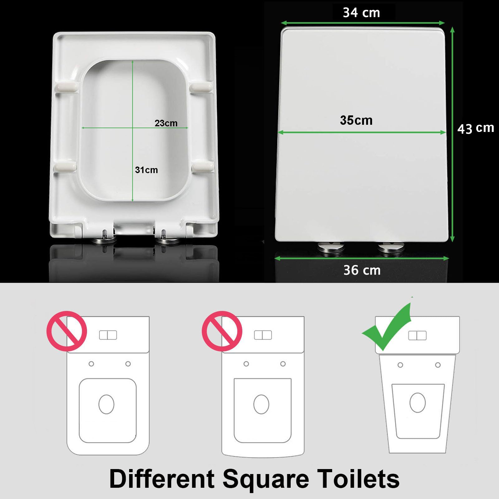 Sedile WC con chiusura ammortizzata con cerniere regolabili, meccanismo di sgancio rapido, design resistente per una facile installazione, misura universale per WC standard, finitura bianca