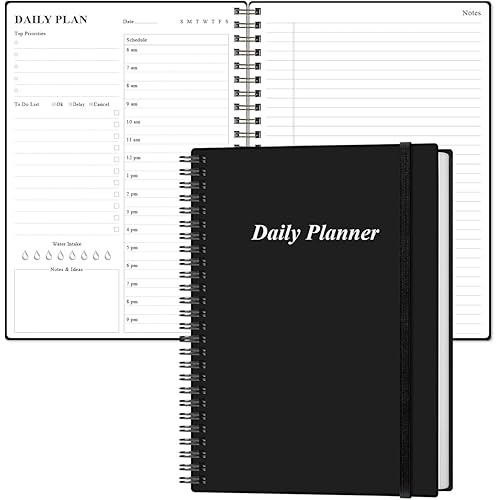 Daily Planner Undated - B5 To Do List Notebook Hourly Schedules, Spiral Appointment Planner for Women and Men, PVC Hardcover, Inner Pocket, Elastic Closure, 7" x 10", Black