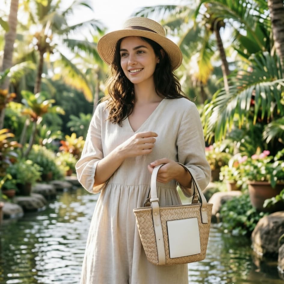 Image of Straw Basket Tote Bag for Women PU Leather Strap Hollow Woven Top Handle Straw Purses and Handbags