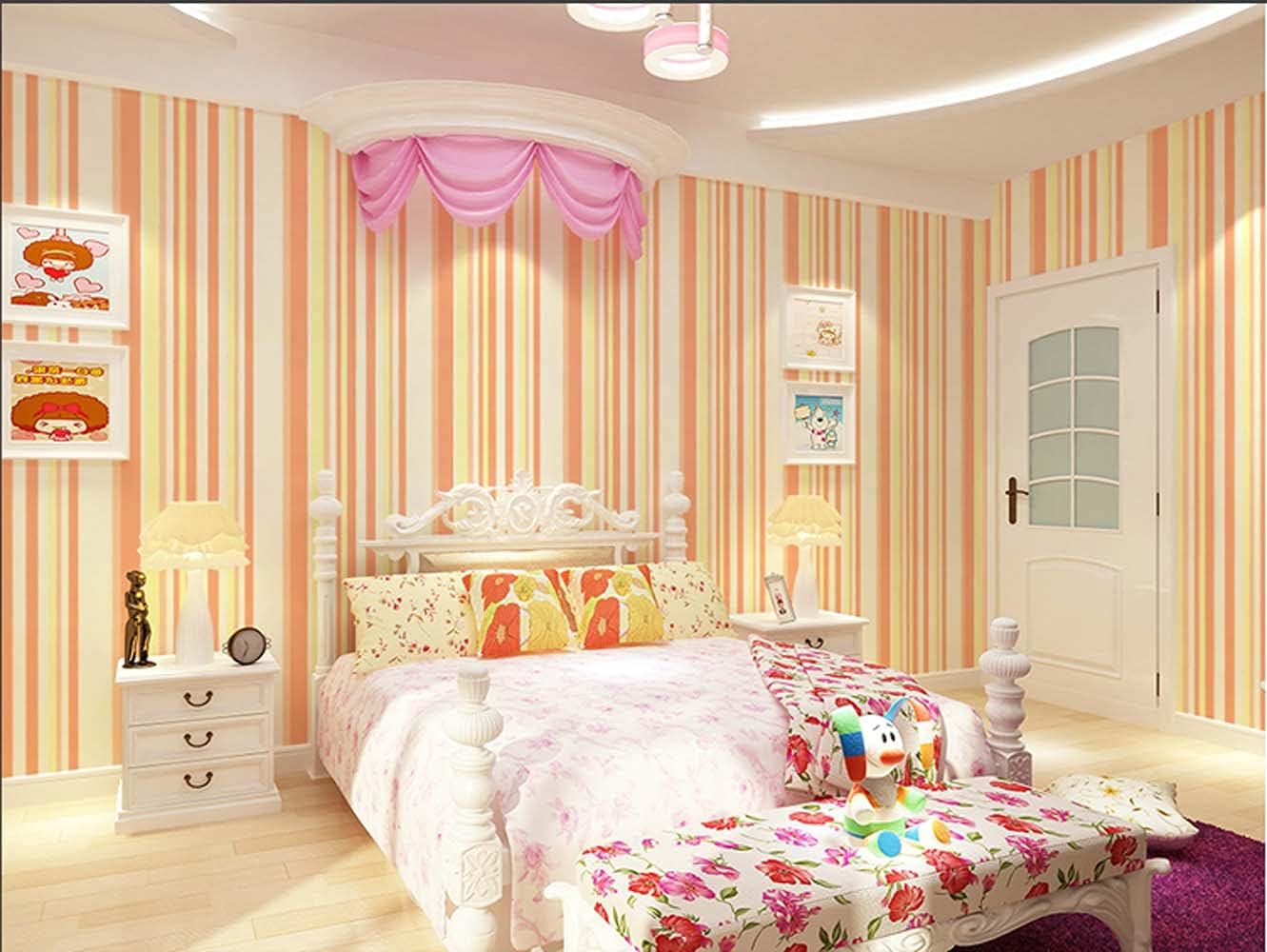 Q QIHANG Color Horizontal Vertical Stripes Children's Bedroom Milk Tea Shop Clothing Store Wallpaper Modern Minimalist Non-Woven Wallpaper 1.73'W x 32.8'L Non-Pasted (Orange)