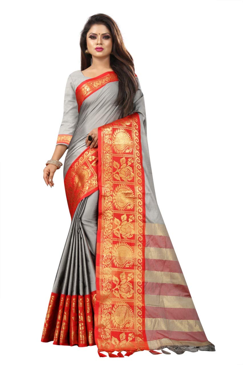 Vanshi Creation Women's Cotton Silk Saree with Unstitched Blouse Piece (Grey)