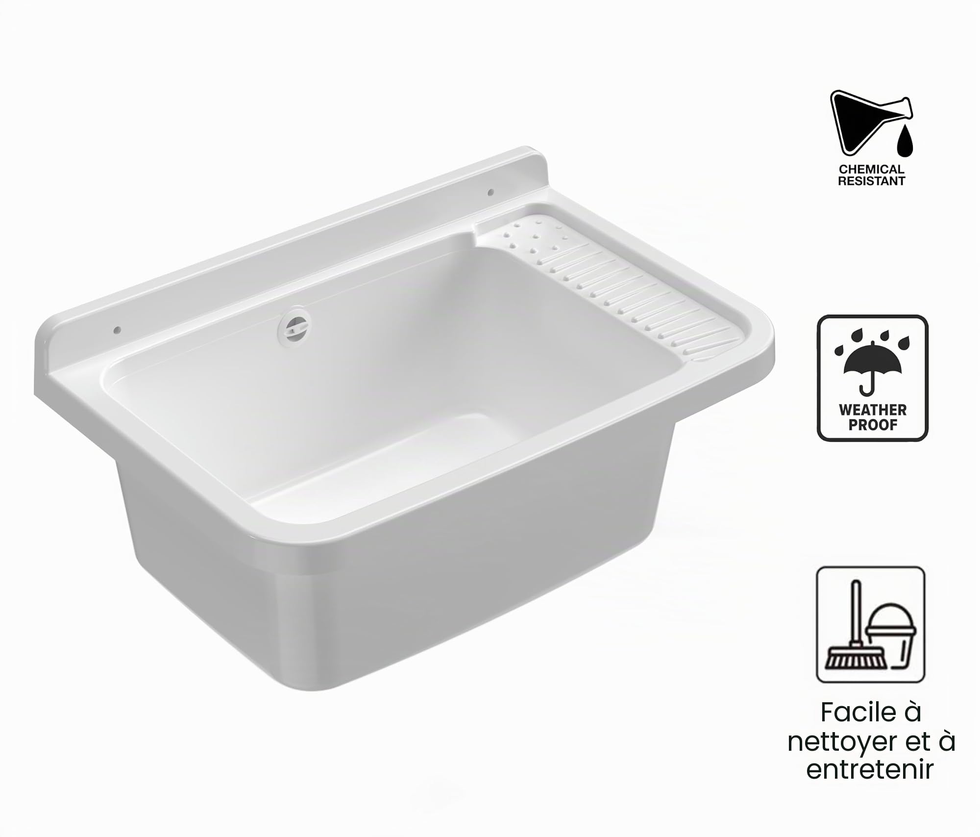 Adventa: Évier en résine PP, fixation murale, avec siphon et bonde, résistant aux acides d'usage commun, buanderie, garage, extérieur, 57 L x 36,5 P x 16 cm, blanc