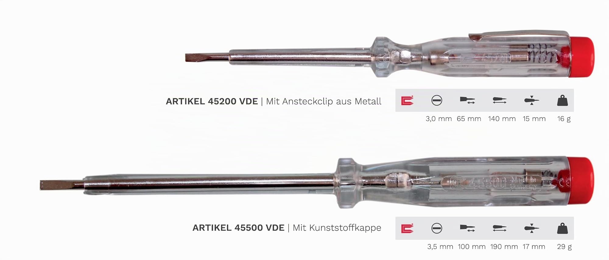 H+H Tools 45200 45500 VDE - Tester standard 45200/45500, tester di tensione/fase fino a 250 V, 2 pezzi, testato GS 0680, prodotto in Germania, trasparente/rosso, 140 mm/190 mm