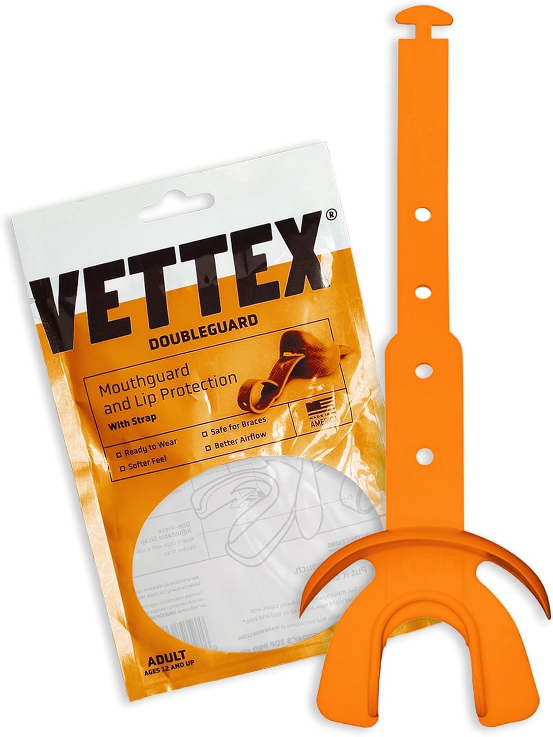 Markwort Vettex Doubleguard Mouthguard for Football, Lacrosse, MMA, Boxing, Braces - Breathable Doubleguard with Lip Protection and Strap, Orange