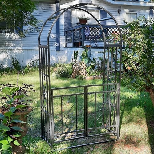 Metal Garden Arbor with Gate, Heavy Duty Arch Trellis for Climbing Plants & Flowers, Fence Pergola Support Rack for Outdoor Garden Patio Lawn Backyard Decoration(Black)