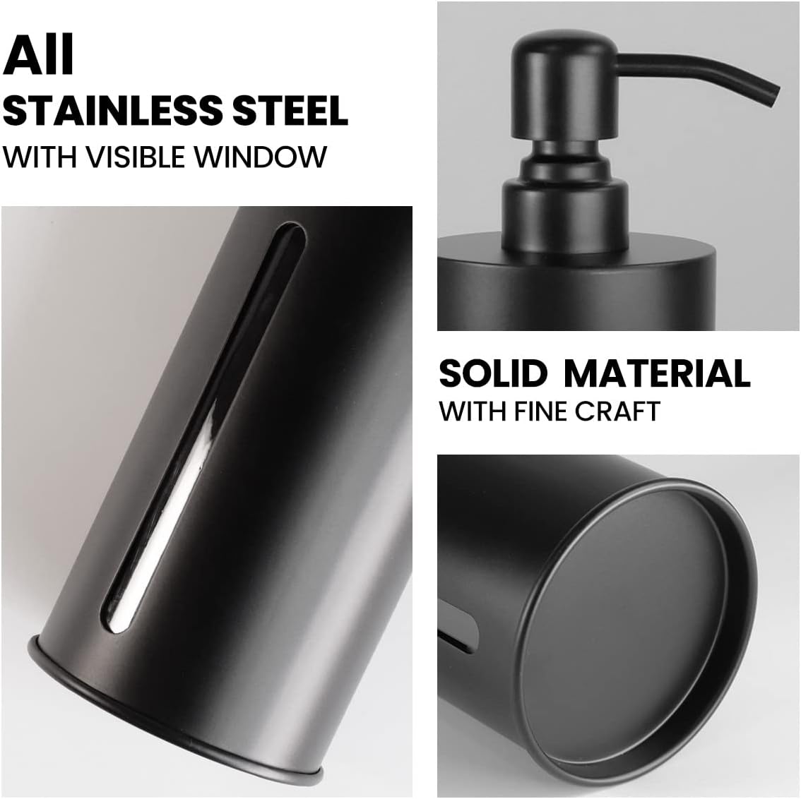 Large Black soap Dispenser for Kitchen & Bathroom, 17.5oz Dish soap Dispenser with Clear Window, Black Stainless Steel Hand Soap Dispenser Pump, Rust-Proof Refillable Countertop Lotion Bottle - Image 2