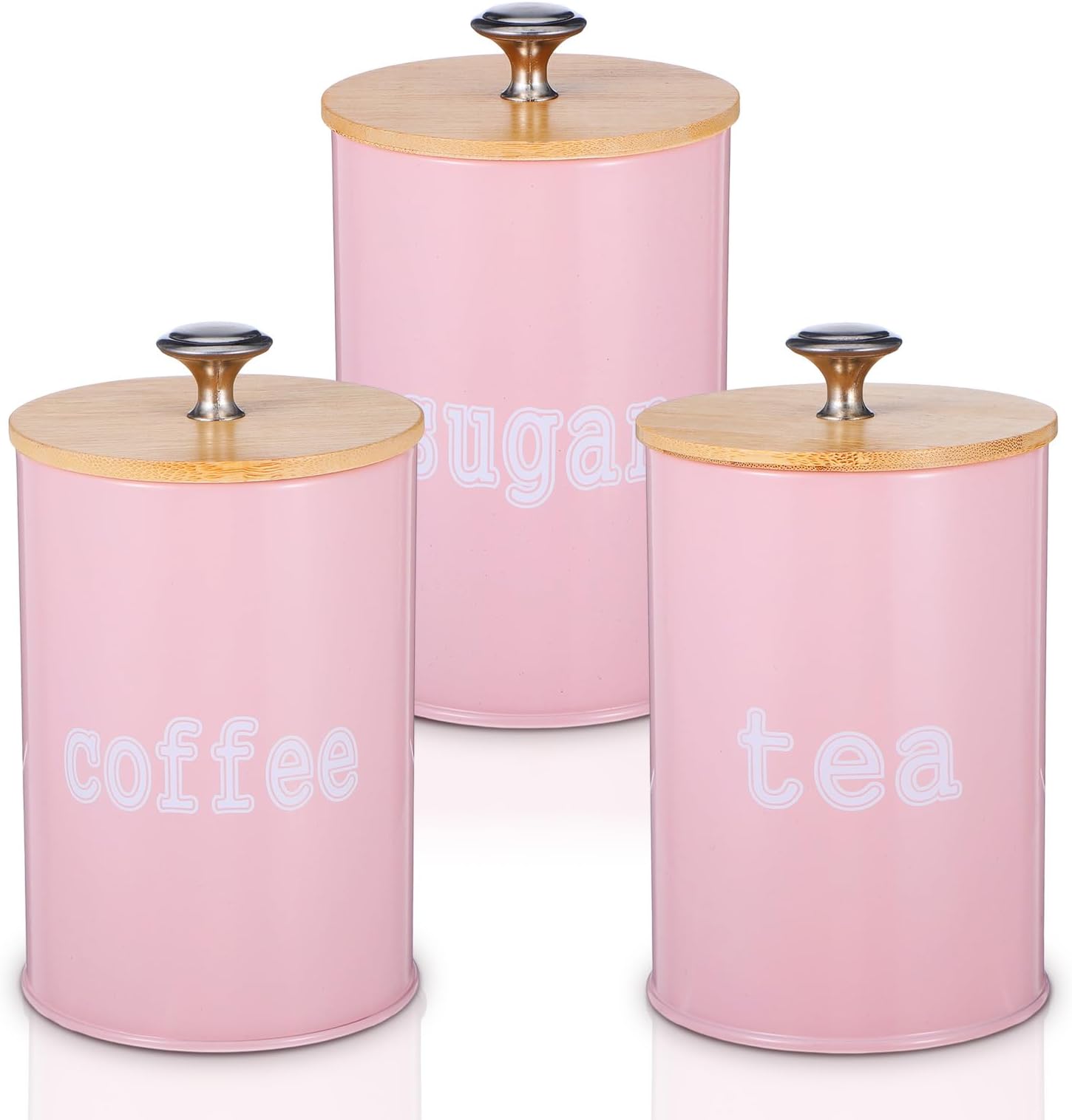 3PCS Pink Kitchen Canister Set 6.1" x 3.7" Matte Condiment Pot Metal Tin Jar Container with Bamboo Airtight Lid to Store Dry Food Spices Coffee Tea Sugar Storage Accessories for Bar Counter Farm House