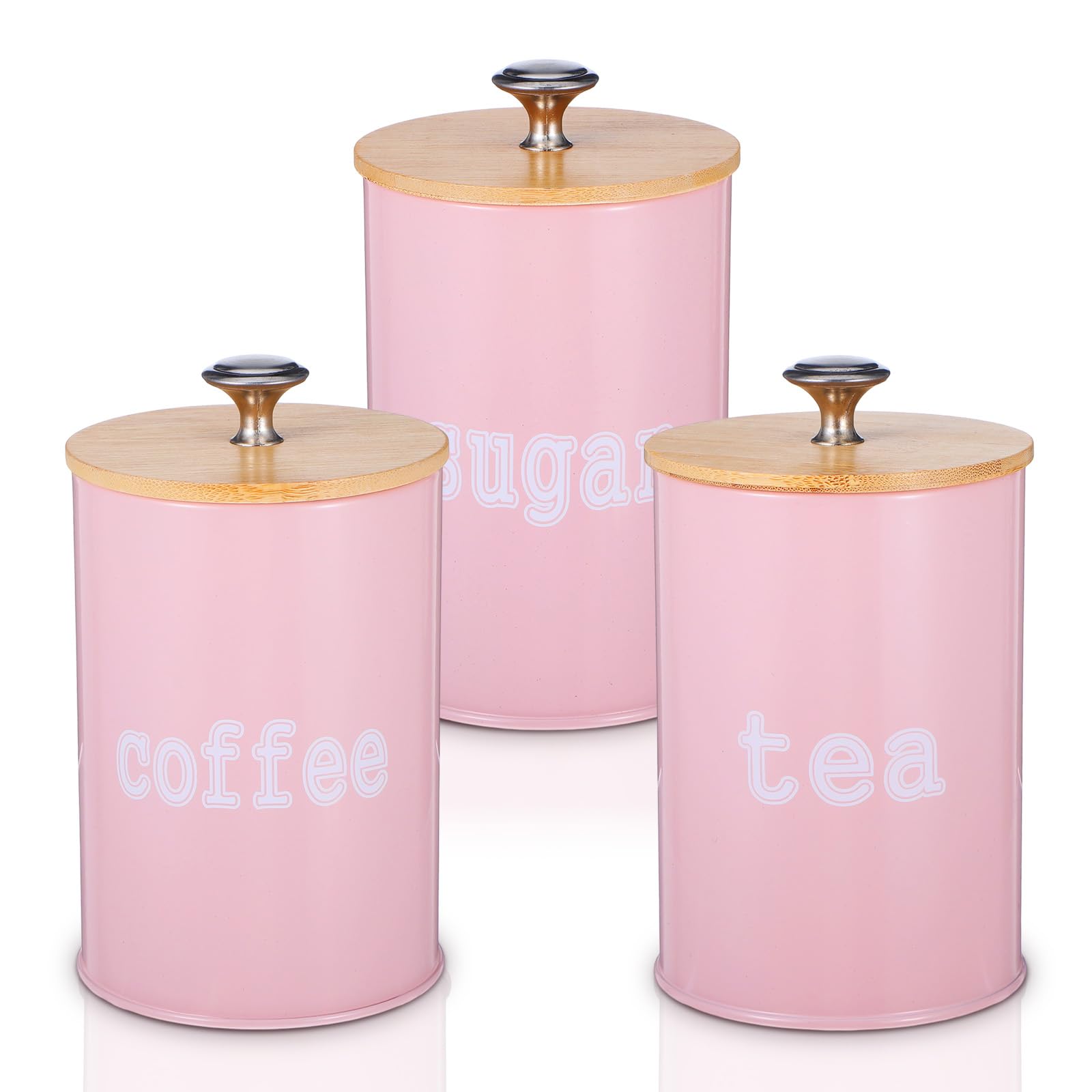 3PCS Pink Kitchen Canister Set 6.1" x 3.7" Matte Condiment Pot Metal Tin Jar Container with Bamboo Airtight Lid to Store Dry Food Spices Coffee Tea Sugar Storage Accessories for Bar Counter Farm House