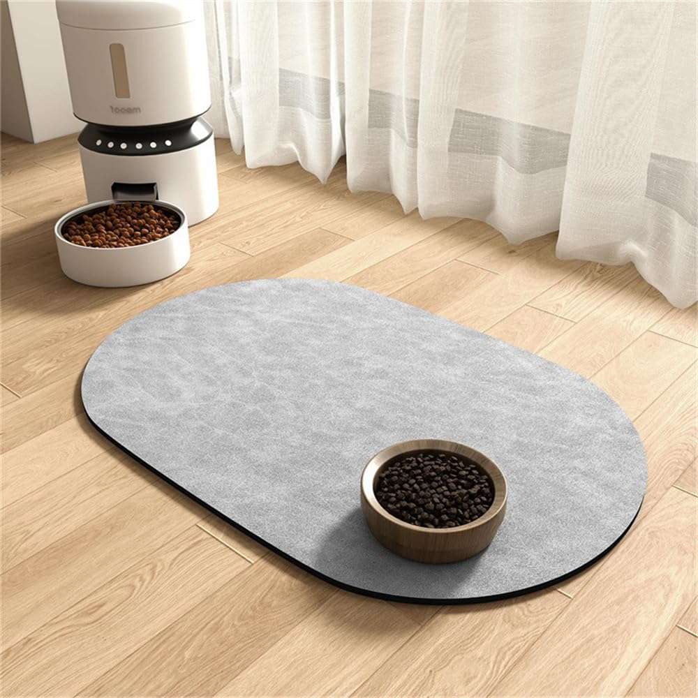 Hixingo Pet Food Mat for Cats Dogs Non Slip, Absorbent Quick Dry Pet Feeding Mat with Non-Slip Rubber Backed, Dog Cat Placemat Bowl Food and Water Bowl Matt (Oval light gray,40 * 50cm)