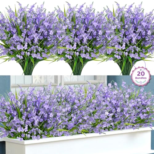 20 Bundles Artificial Lavender Flowers for Outdoors Fake Silk Flowers Faux Plants UV Resistant for Indoor Outside Spring Porch Garden Window Table Box Office Home Decorations, Purple