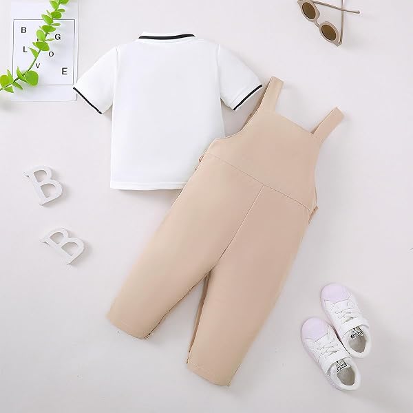 Vêtements Bébé Garçon Manches Courtes Col Contrastant Polo Top+Salopette Unie Décontractée 2 Pièces Ensemble Tenue de Printemps et d'Été - 3