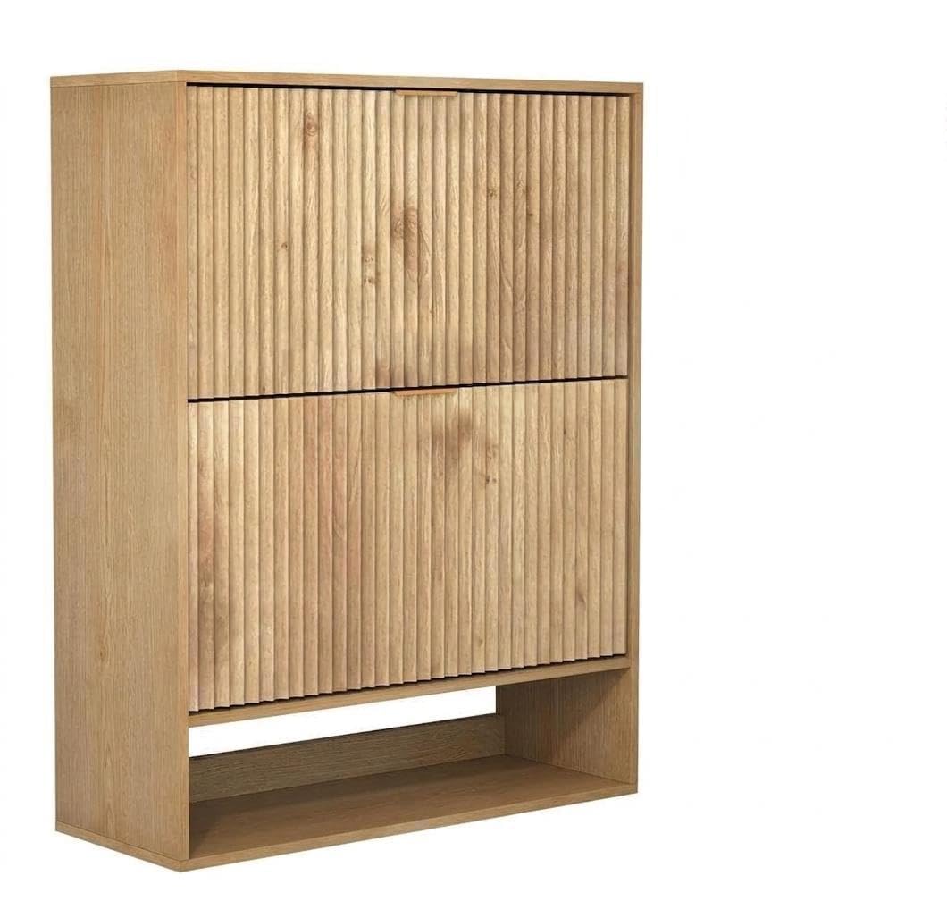 Meuble à Chaussures étroit pour Couloir/Foyer - Armoire à 2 tiroirs basculants - Étagère inférieure Ouverte + Crochets latéraux - Façade cannelée Moderne, Chêne (Couleur Bois Naturel)