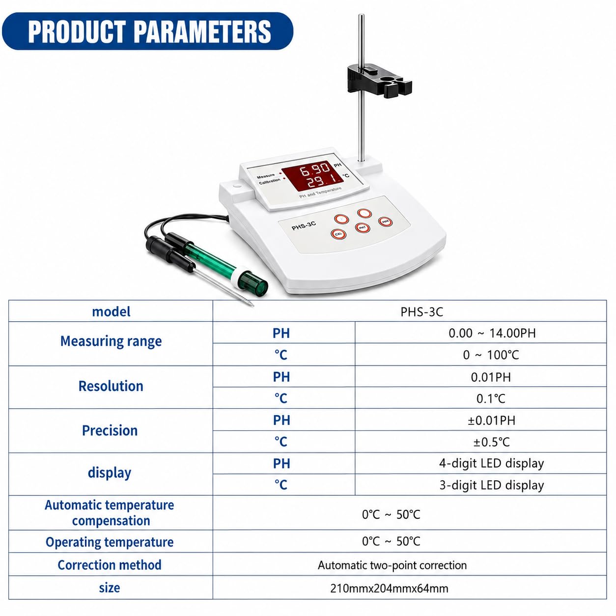 Medidor de pH para laboratorio con pantalla LED y soporte, incluye 2 electrodos de pH/temperatura y calibración automática de 2 puntos para pruebas de acuario y acuicultura