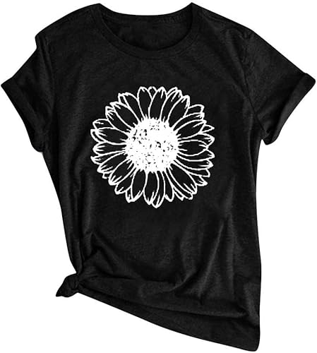 Camiseta de verano con estampado de girasoles para mujer, con estampado de flores, cuello redondo, manga corta, casual, tops casuales