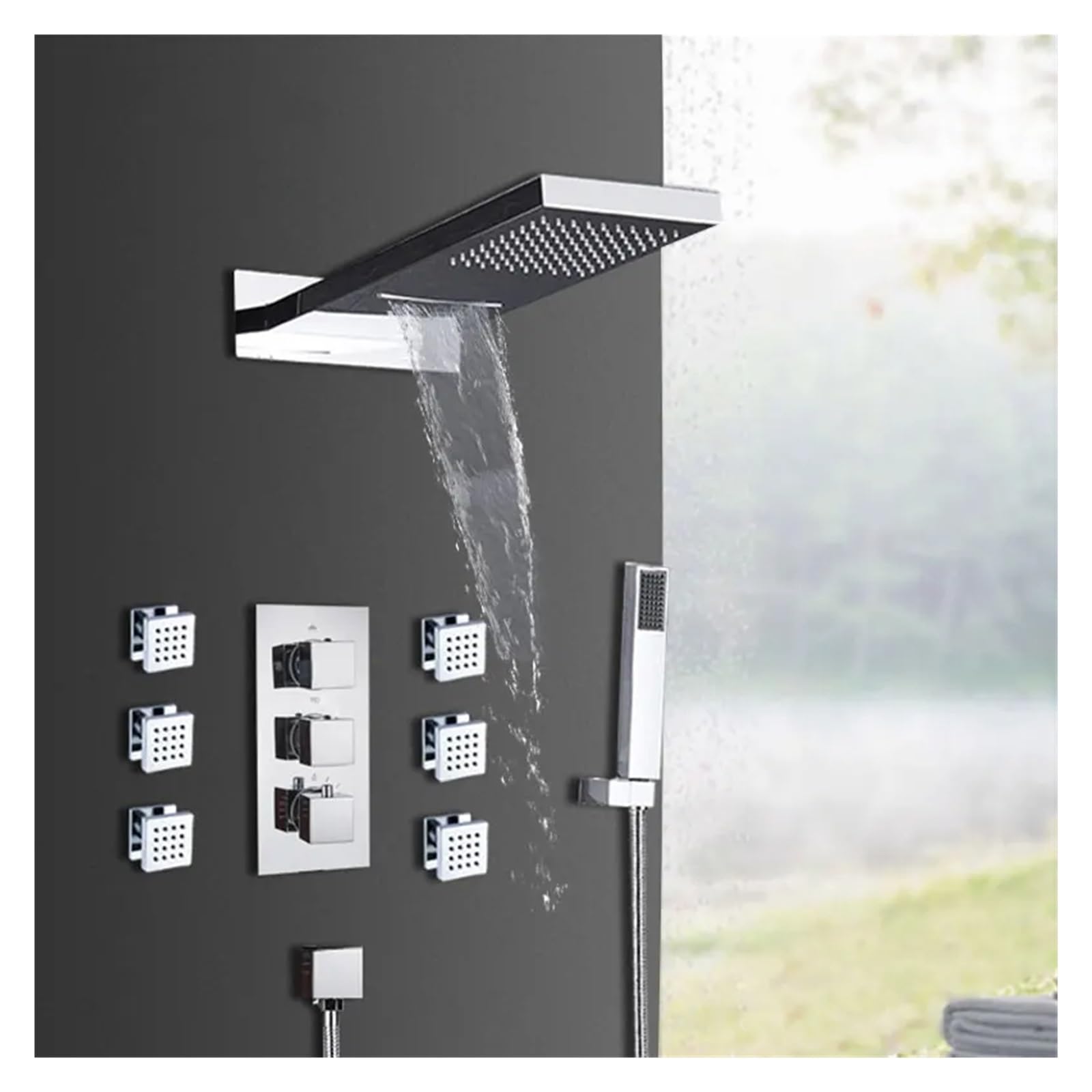 NGDFGR Shower Kits, Rome Thermostatic Shower Faucet Set 4 Way Bathroom Rainfall Waterfall Mixer Shower S Spa Tap Thermostat