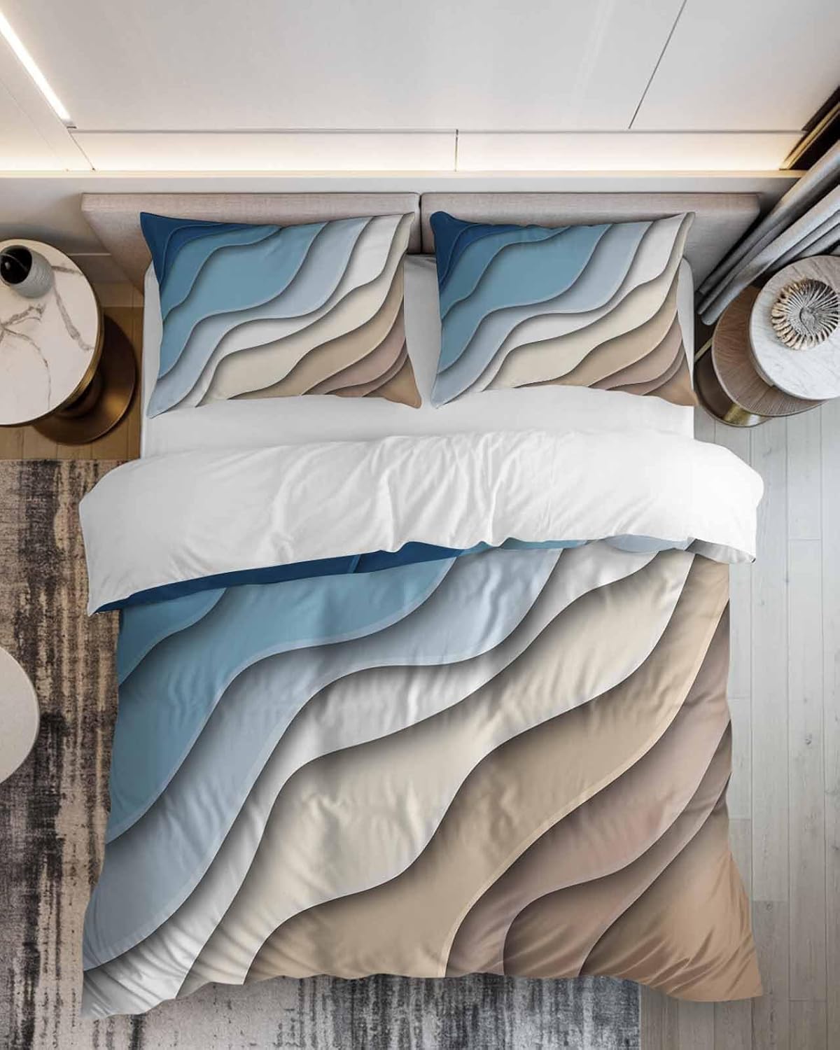 LooPoP Duvet Cover Set California King Size Blue Brown Modern Geometric Comforter Sets 3 Pieces, Ombre Blue Abstract Bedding Set with Zipper Closure and 2 Pillow Cases, Soft Bed Covers Bedroom Decor