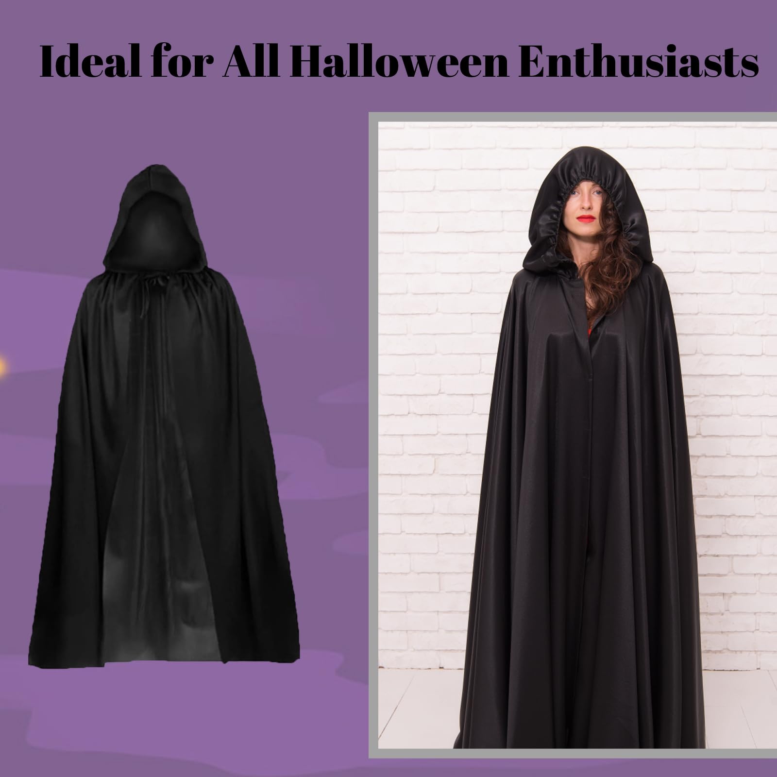 Black Cloak with Hood - 140cm Long Cape for Halloween Cosplay & Themed Parties - Premium Quality Adult Costume Cape for Men & Women - Image 4