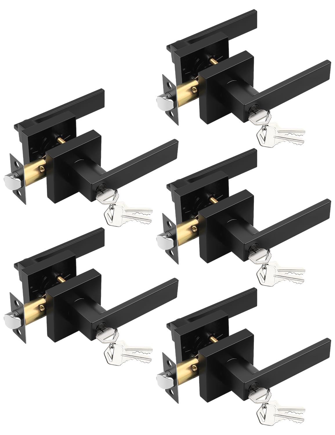 Tinewa 5 Pack Entry Door Levers with Lock and Key, Matte Black Keyed Alike Lockset Combo Pack, Entrance Door Handles for Office and Front Door, Door Knobs Lockset (Each with 3 Keys)