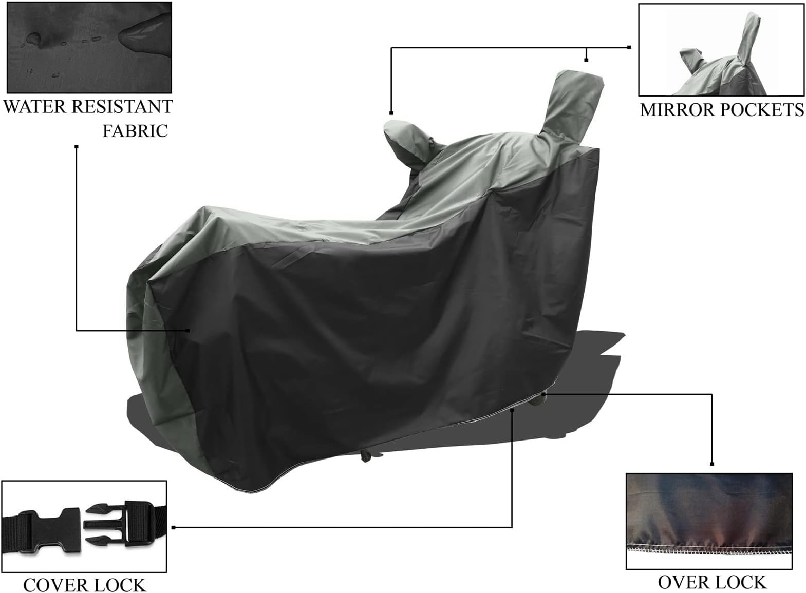 ROMEIZ Full Bike Scooty Two Wheeler Cover for Royaal Enfieeld Classic 350 Red Ember Cover with Water-Resistant and Dust Proof Premium 190T Fabric_(Grey-Black)