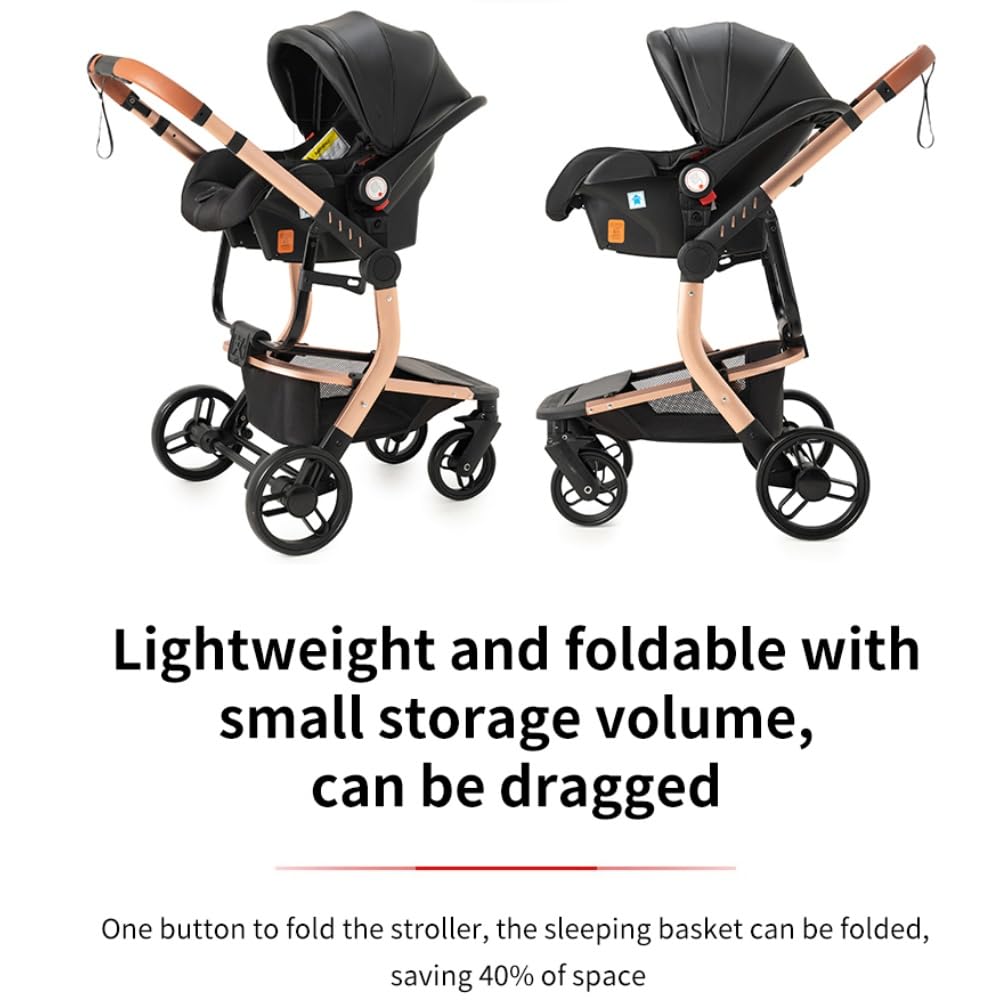 Cochecito 3 en 1 Compacto Plegable con Asiento Convertible,Negro | Plegado sencillo, asiento reclinable, incluye bolso de mamá y portabebés para 0–4 años
