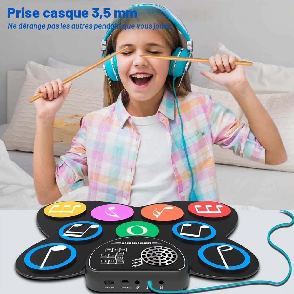 BATTERIE ELECTRONIQUE ENFANT - Portable et Repliable avec 9 Pads, 3 Toms, 2 Crashes, 1 Hi-hat, 1 Ride, 1 Snare, 1 Bass Drum, Haut-parleurs Intégrés et Prise Casque - Idéal pour Noël