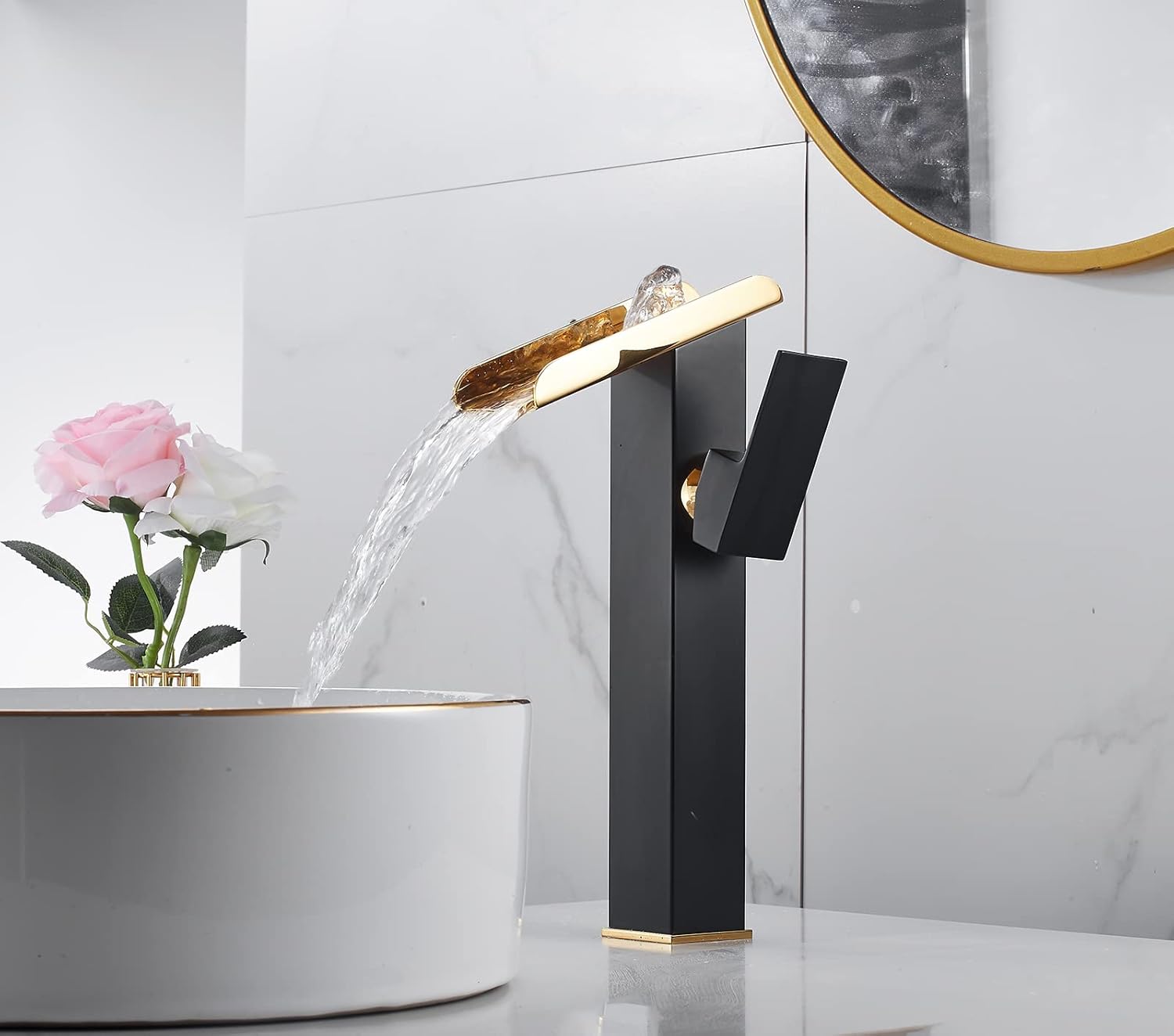 Bathroom Vessel Sink Faucet Black&Gold Waterfall Single Handle 1 Hole Matching Bathroom Pop Up Drain Without Overflow Lavatory Vanity Basin Tap Deck Mount Farmhouse Bowl Sink Bath Faucets Commercial