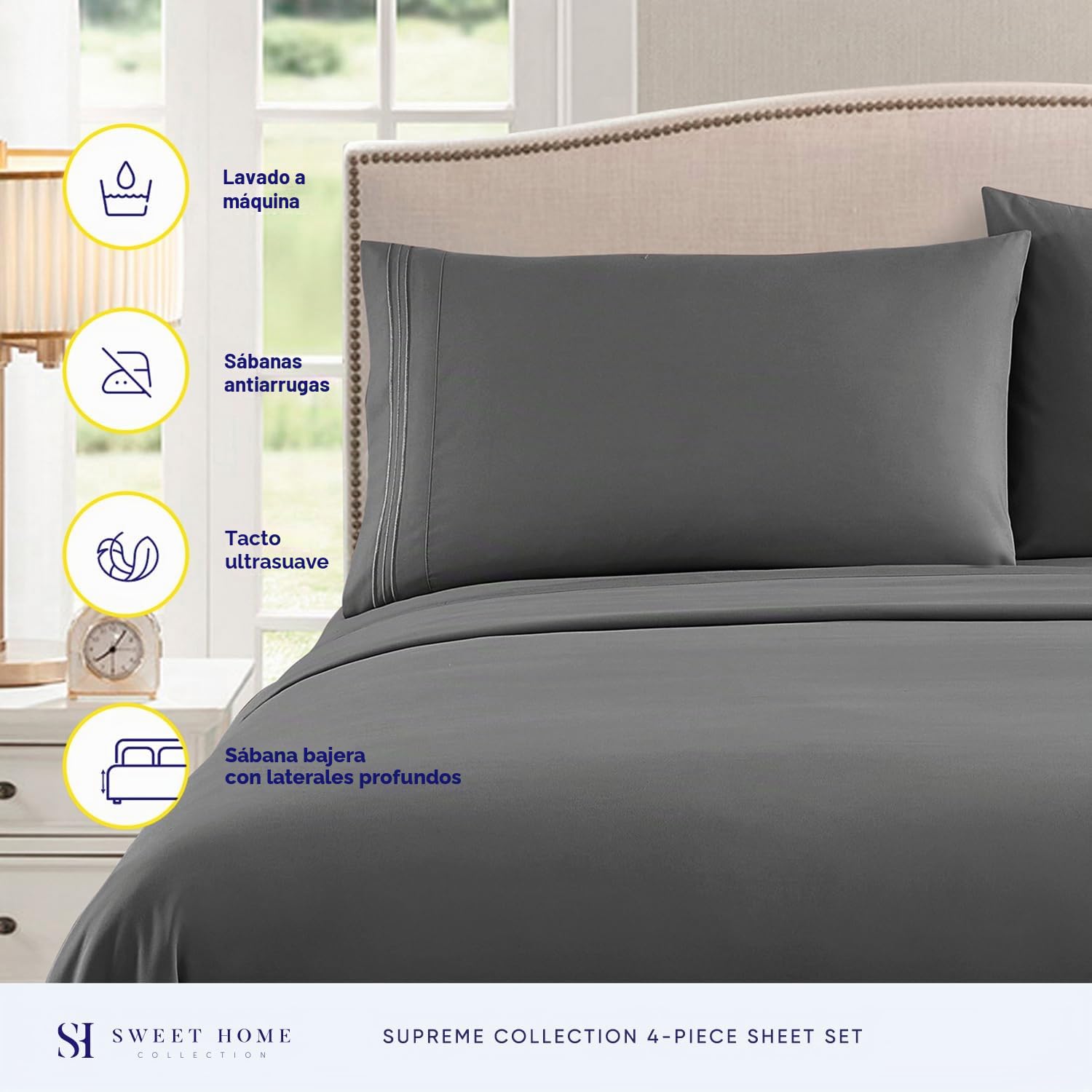 Sweet Home Collection Juego de Ropa de Cama de Lujo con sábana encimera, sábana Bajera, 2 Fundas de Almohada, Microfibra, Gris, Queen