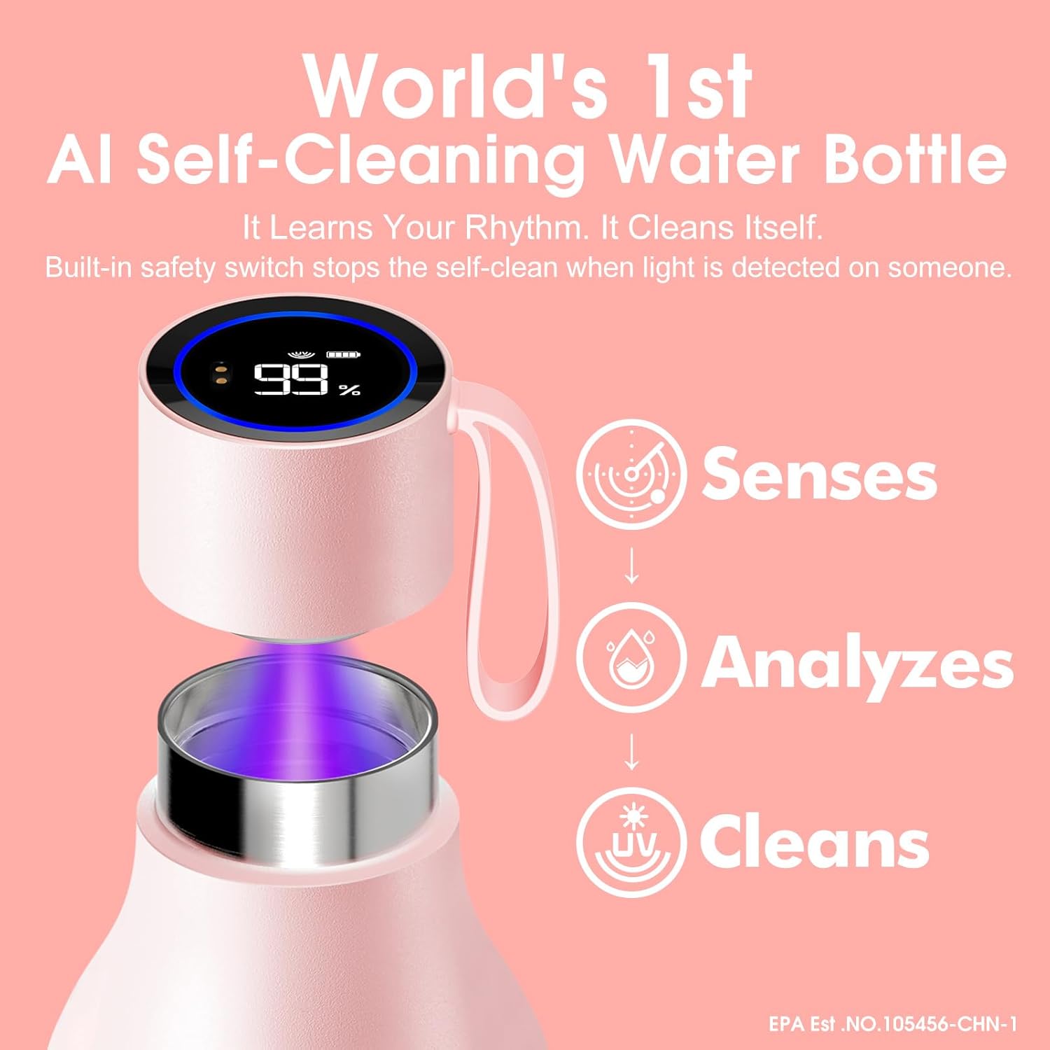 VSITOO 33oz Smart Self Cleaning Water Bottle,Insulated Water Bottle with Stainless Steel, BPA-Free, AI Self-Clean, 30-Day Battery, Magnetic Charging for Travel, Gym or Office, Pink - Image 2
