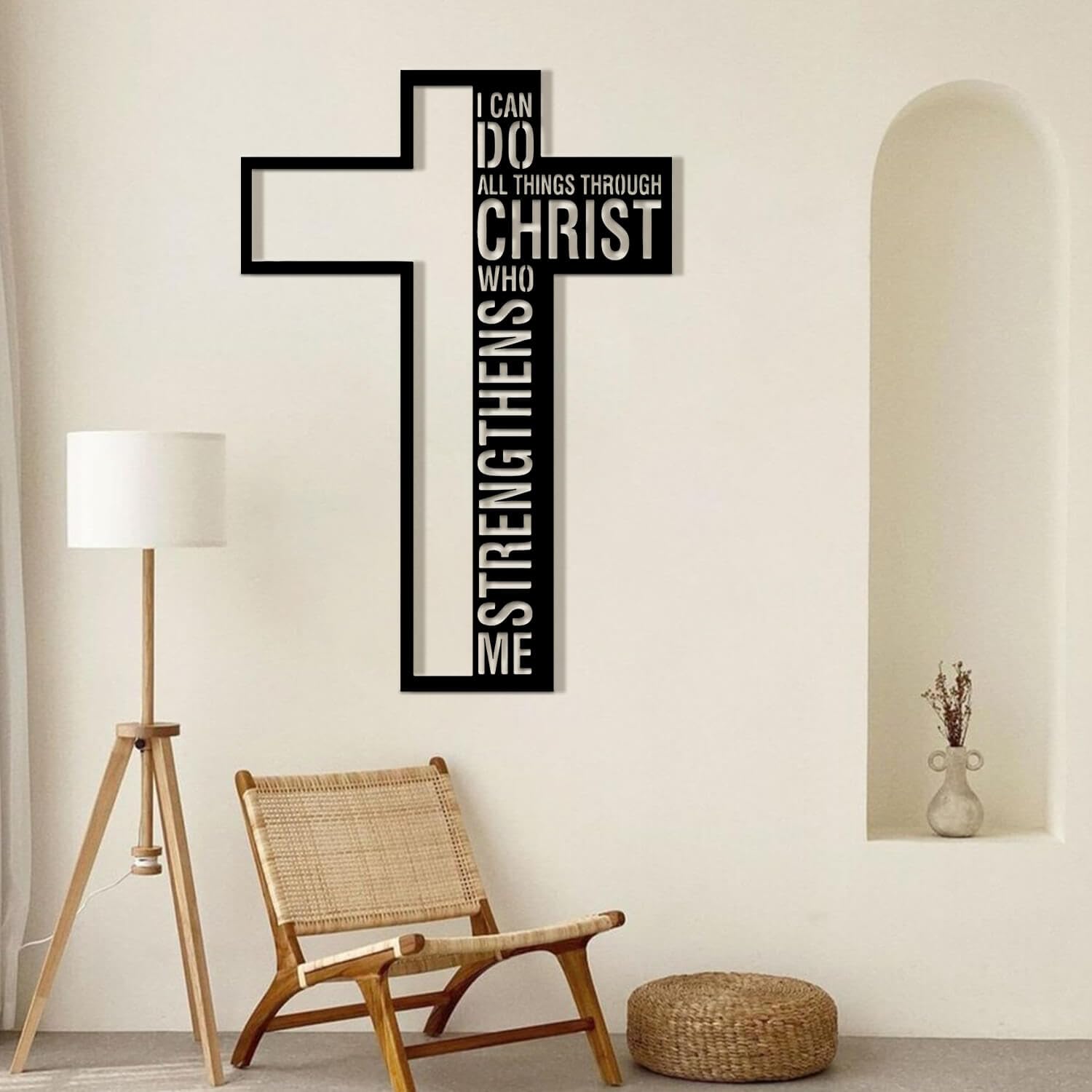 Nowoczesna minimalistyczna sztuka metalowa dekoracja ścienna Mogę zrobić wszystko przez znak Chrystusa Jezus Filipian Krzyż 4:13 Inspirujące (Złota 33" x 47" / 83 120 cm)