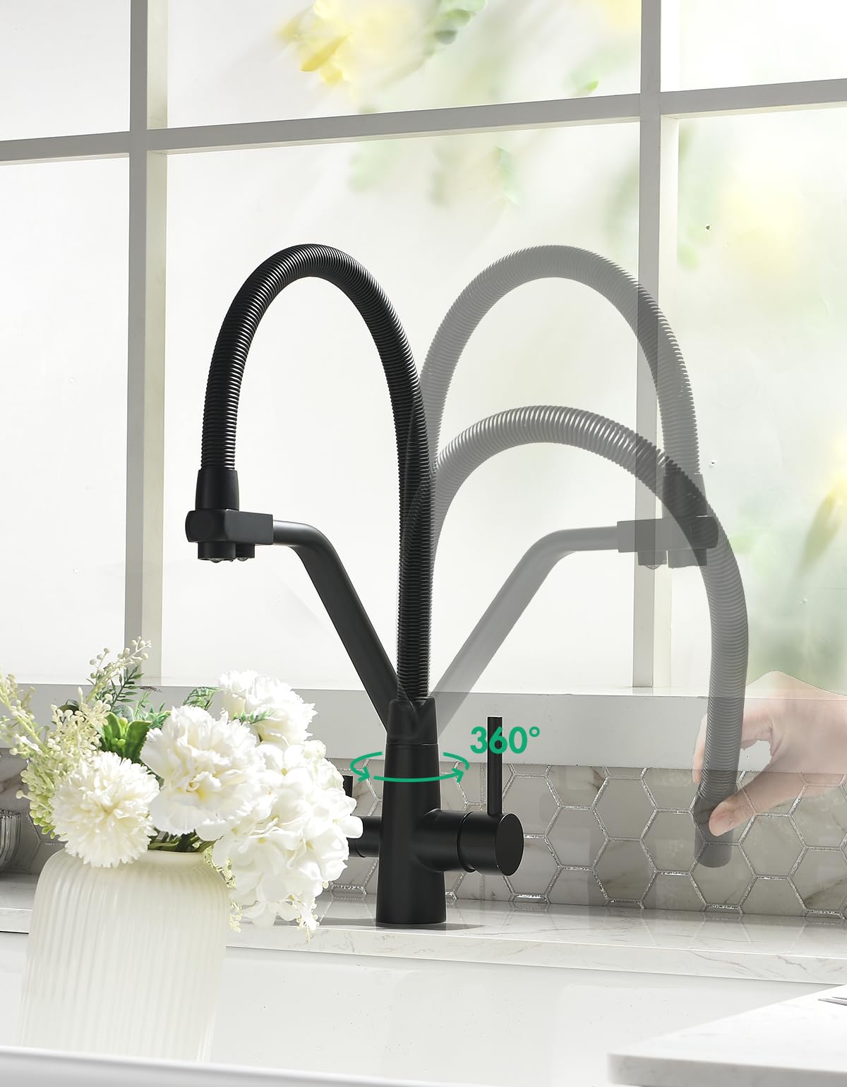 TIMACO - Rubinetto da cucina nero a 3 vie, girevole a 360°, con rubinetto 3 in 1 per filtro dell'acqua, con molla a spirale, con doppia leva, ad alta pressione