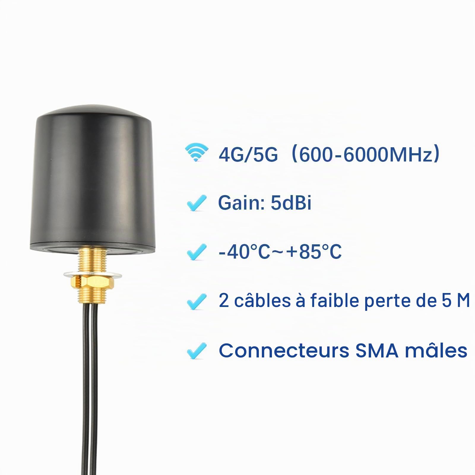 Antenne MIMO 5G 4G LTE 600-6000 MHz Antenne 5 dBi Omnidirectionnelle Extérieure avec Câbles BMR200 SMA Mâle 5M et Adaptateurs TS9 pour Routeur Passerelle Modem WiFi IoT ISM