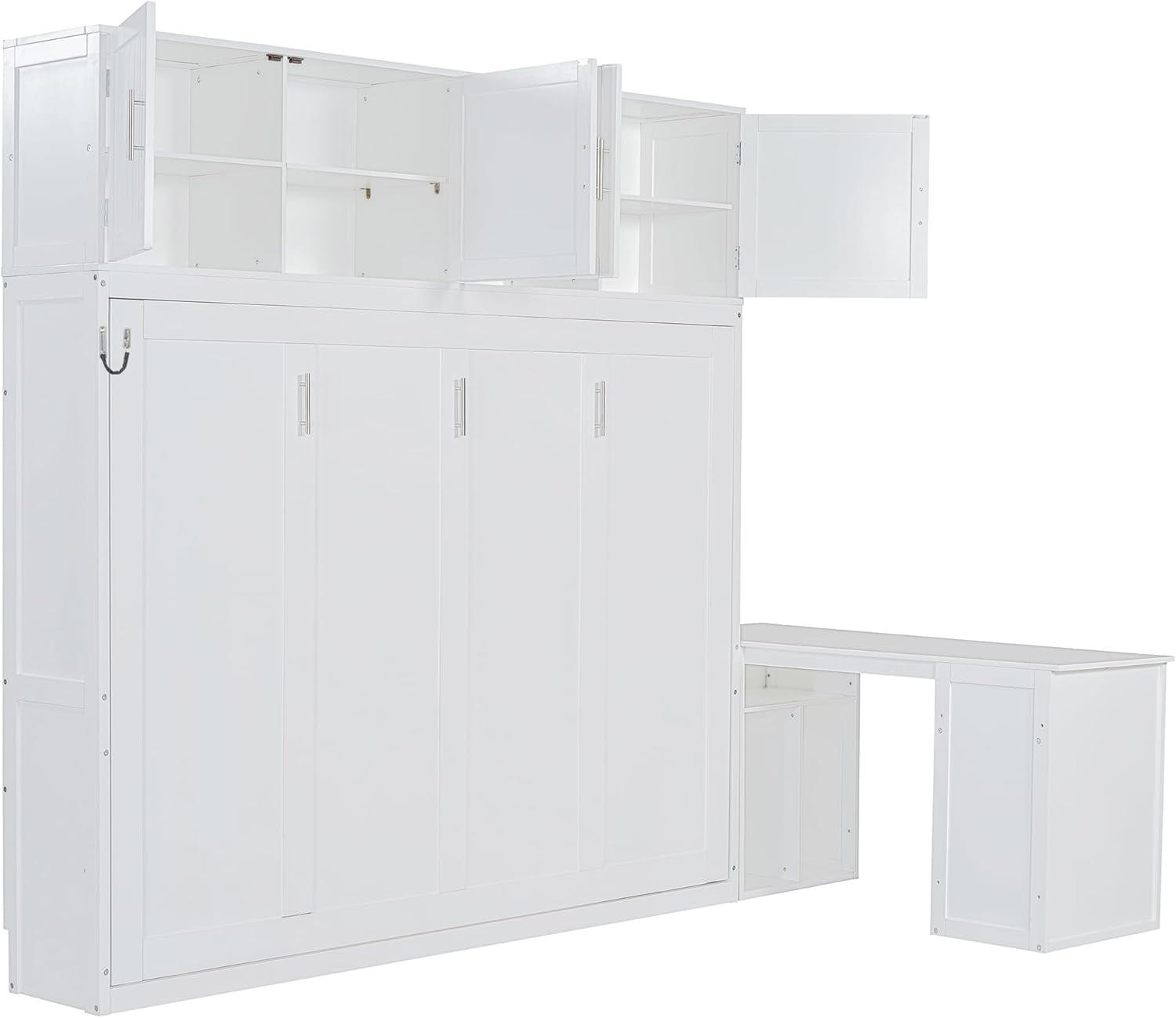 Queen Horizontal Murphy Bed with Desk and Storage Bookcase Shelves,Pine Wood Murphy Wall Bed with Storage Shelves and Desk,for Adults (White)