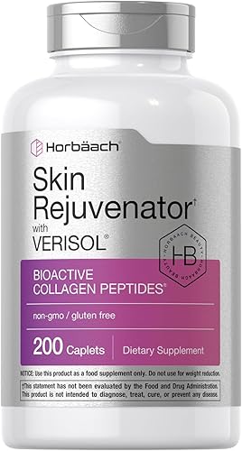 Horbäach Rejuvenecedor de piel con verisol Péptidos de colágeno bioactivos 200 comprimidos Suplemento sin OMG, sin gluten