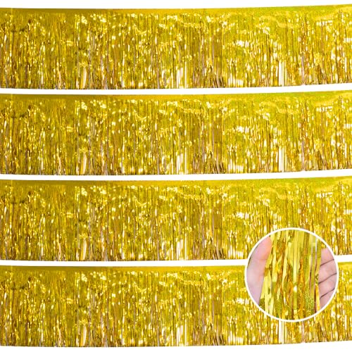 YUKL Laser Gold Christmas Decorations Tinsel Garland Parade Float Decorations for Trailer 4Pack 12FT Christmas Party Decor Ceiling Fringe Banner Gold Backdrop for Streamers Party Decorations