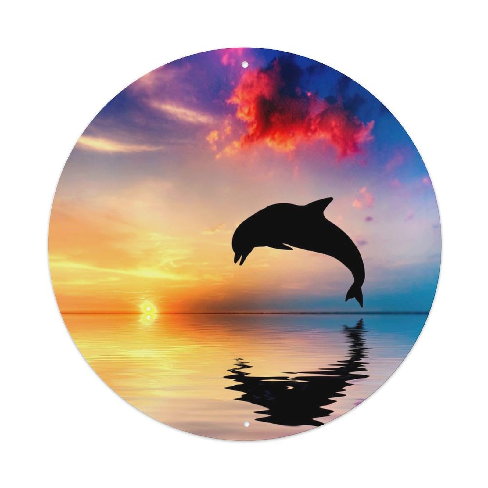 Animal Art Dolphins Jumping at Sunset Vintage Metal Tin Sign Plaque Wall Decor for Cafe, Club, Garden Round Metal Poster 8x8Inch