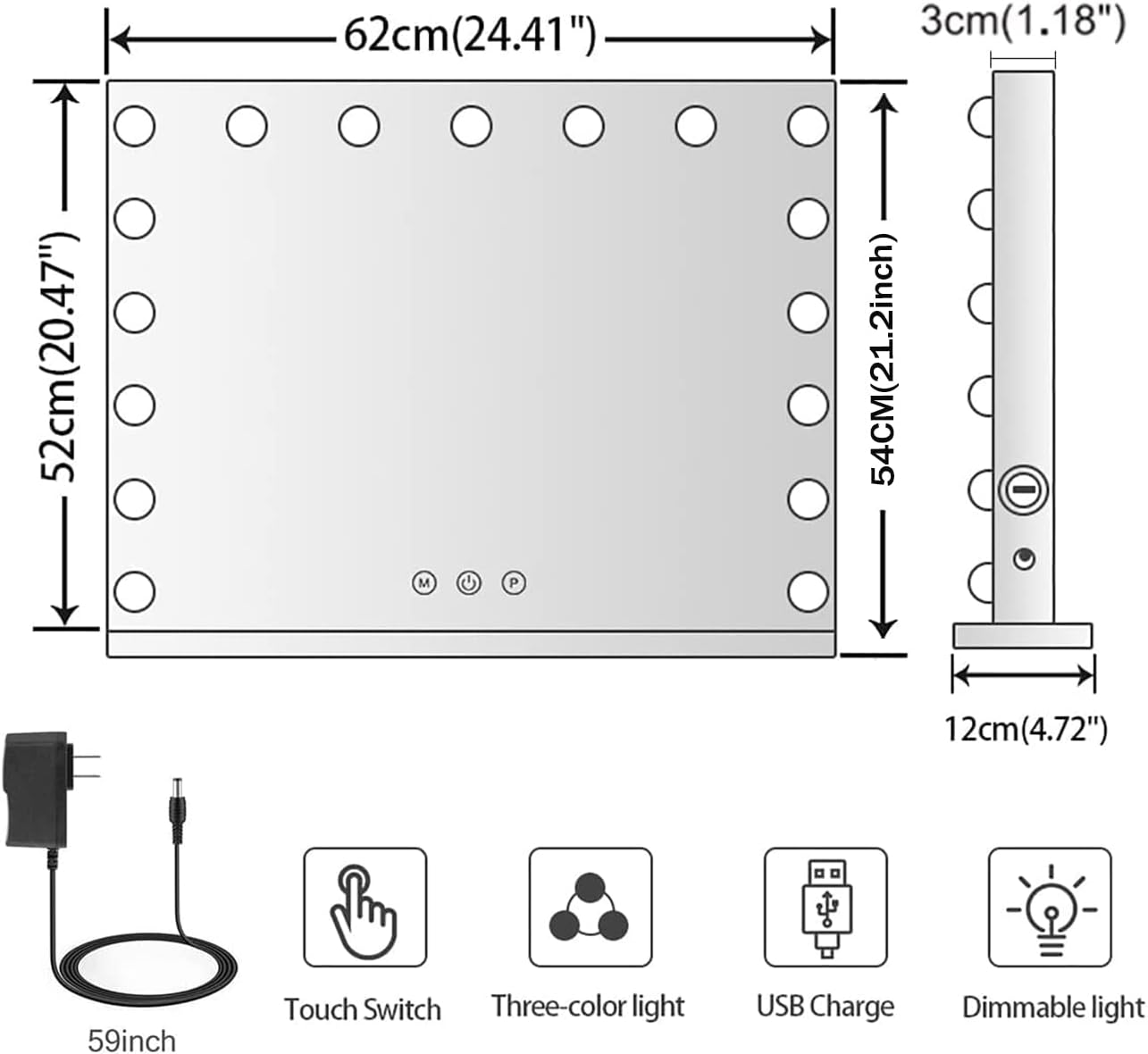 Kottova Vanity Mirror with Lights, 24.4"x21.2" Lighted Makeup Mirror with 3 Dimmable Color Modes,17 LED Hollywood Mirror with Touch Control, USB Charging Port, Tabletop & Wall-Mounted (White)