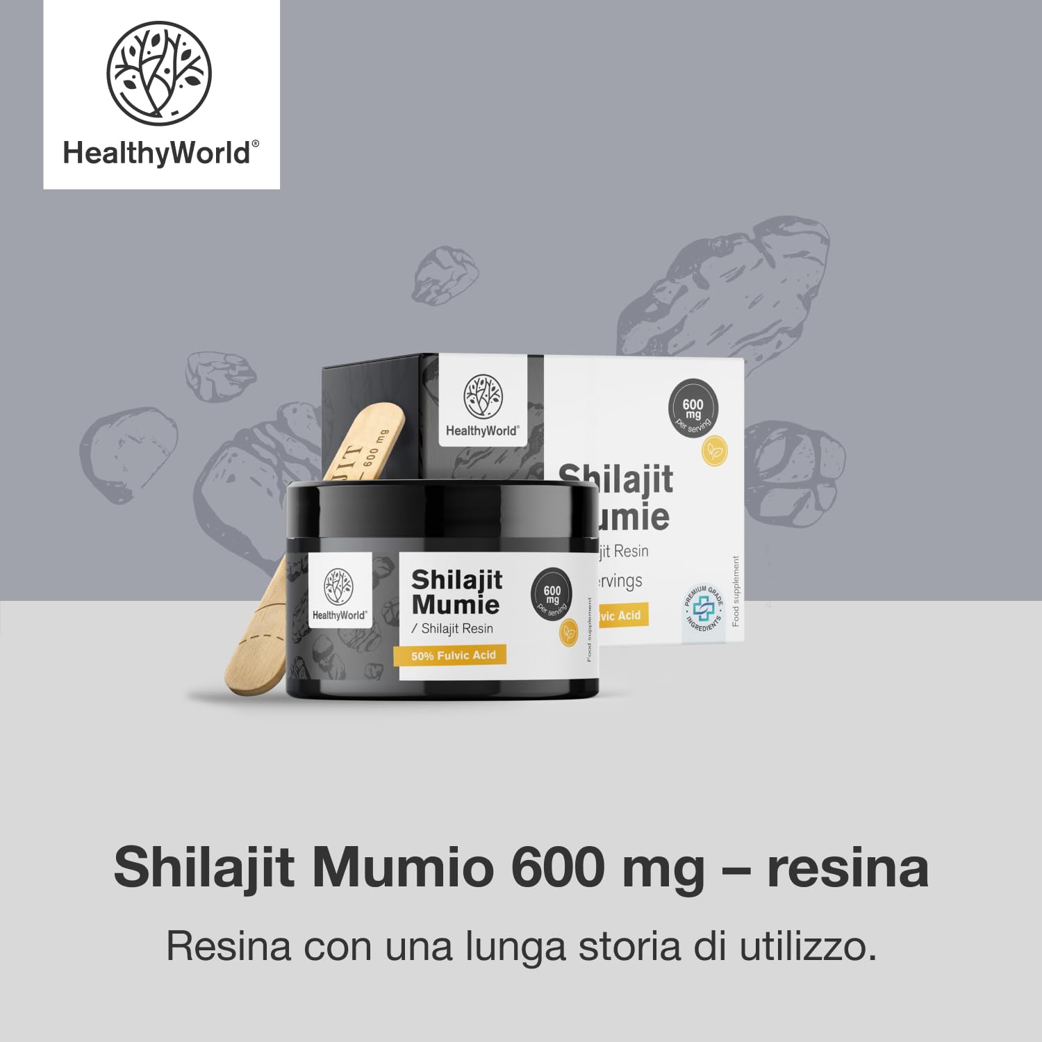 HealthyWorld Shilajit Mumio 600 mg – Resina ayurvedica - 50% di acidi fulvici – 50 dosi – Senza additivi – Dosatore incluso – Supporto alla vitalità - Aumento dell'energia