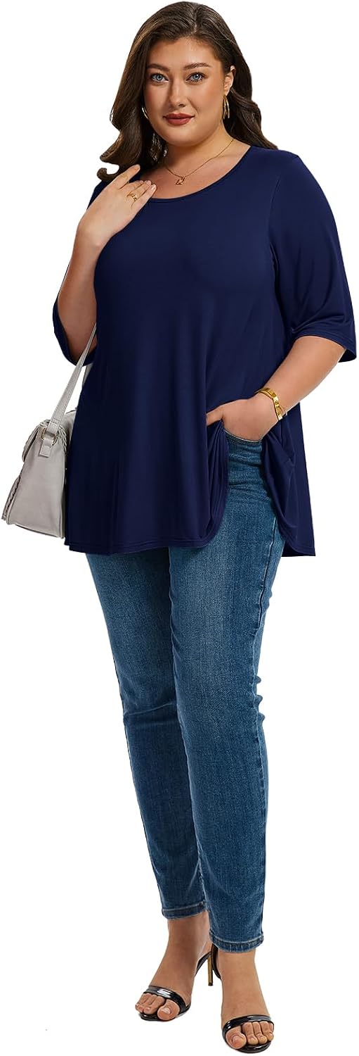 LARACE Elbow Sleeve Plus Size Tops for Women Round Neck Women's Half Sleeves Tunic Spring Summer Fall Clothes Shirts Blouse