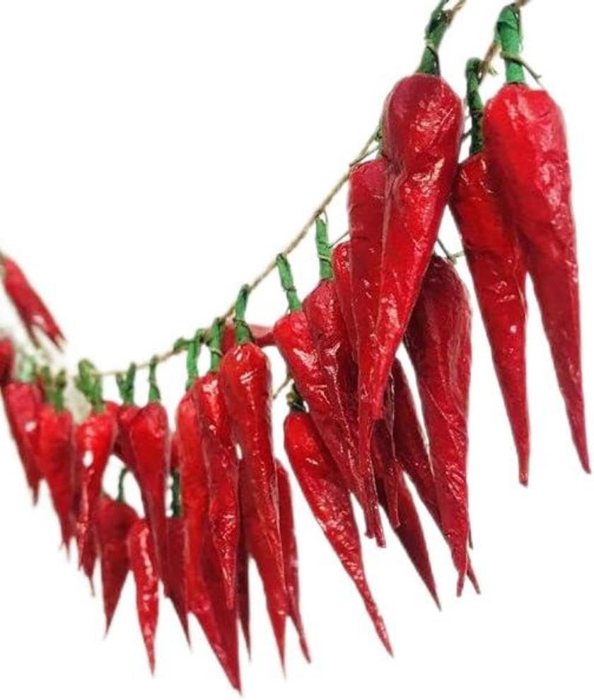 Fake Vegetables Artificial Chili Pepper Decor 2Pack Hanging Chili String Green Pepper Wreath String for Home Kitchen Farm Party Wall Decoration (#1)