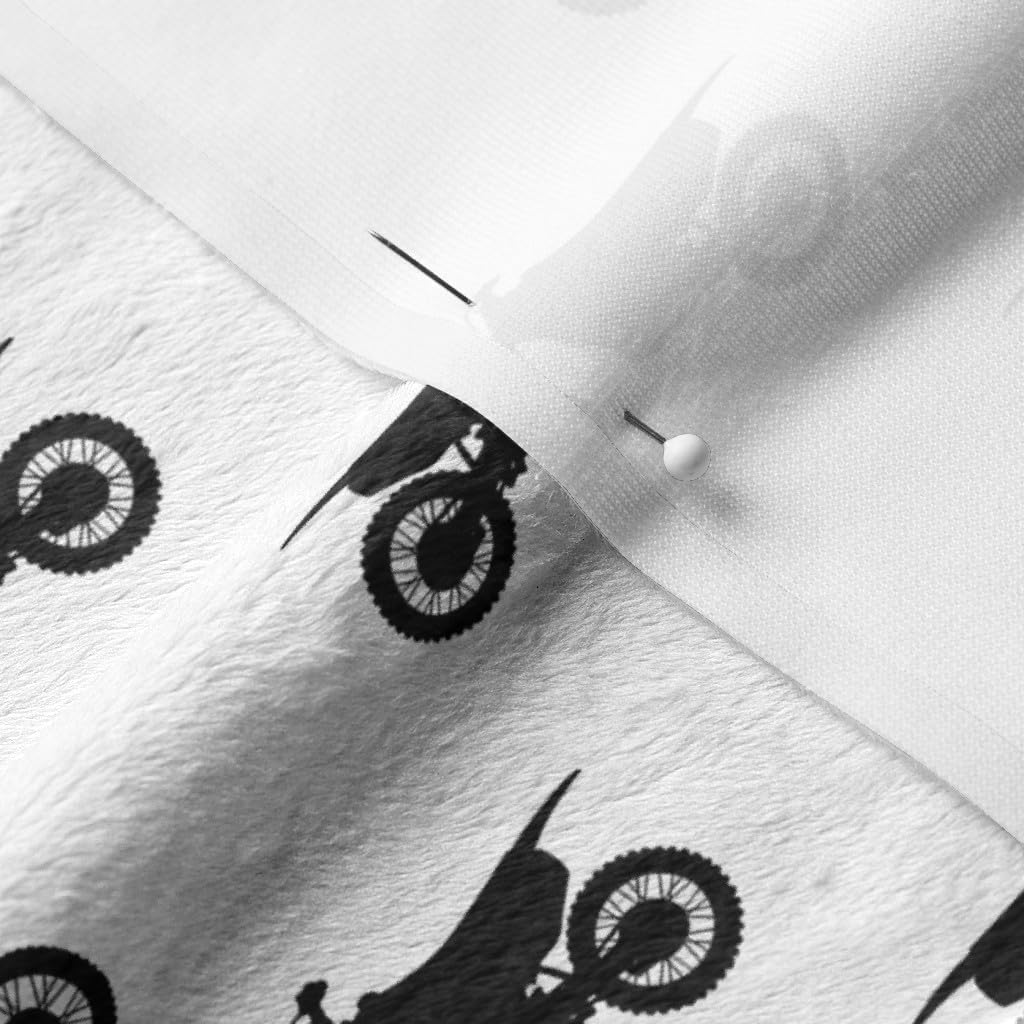 Spoonflower Fabric - Small Scale Motocross Bike White Monochrome Dirt Black Motorcycle Boy Printed on Minky Fabric by The Yard - Sewing Baby Blankets Quilt Backing Plush