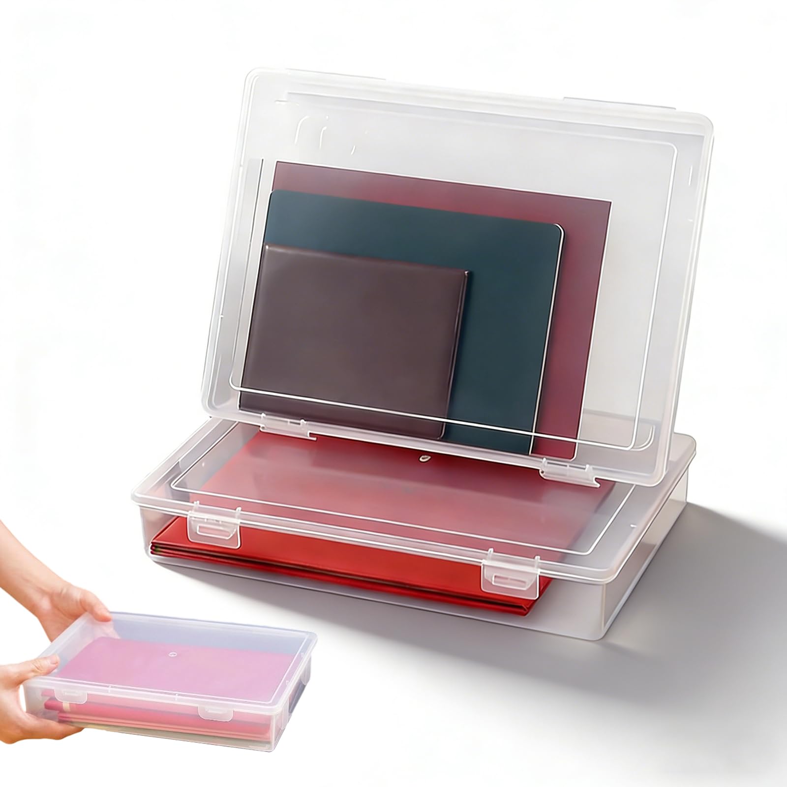 A4 Size Transparent Portable File Box, 2 PCS Clear Plastic Storage Boxes with Lids Stackable Document Paper Project Case Organiser for Stationery Craft Certification