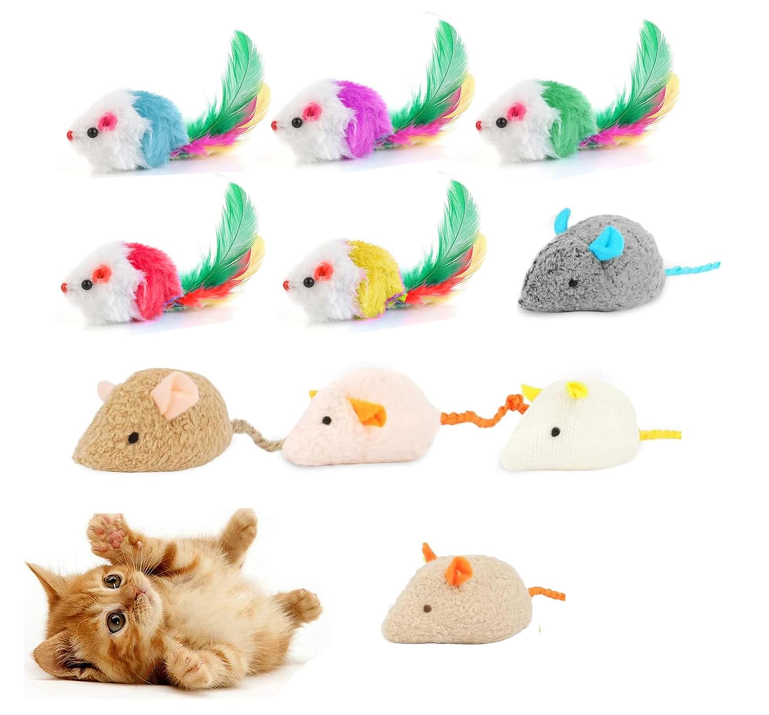 10 Pack Cat Mouse Toy With Fur, Feather, and Rattle Sounds - Interactive Catnip Mice for Chasing, Hunting, Exercising - Kitten Chewing and Teeth
