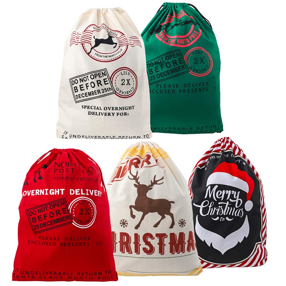 AIKVSXER 5 Packs of Christmas Canvas Bags, Holiday Drawstring Bags for Christmas Party Favors Extra Large Size 27.5x19.5 Inches