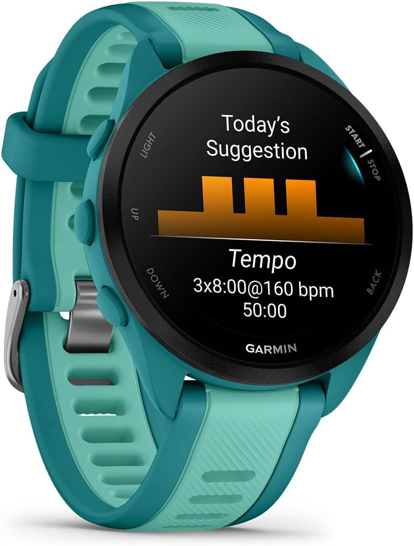PlayBetter Garmin Forerunner 165 Music (Turquoise/Aqua) Running GPS Smartwatch Gift Box Bundle - AMOLED Touchscreen, 11-Day Battery, Training - Includes HD Screen Protectors, Wall Adapter & Case