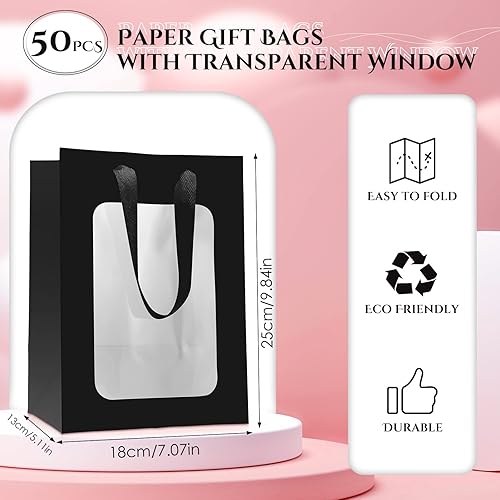 Miniatura 2 de Reginary 50 bolsas de regalo de papel con ventana transparente, bolsa de regalo transparente de 9.8 x 7.1 x 5.1 pulgadas, bolsa de regalo de ramo