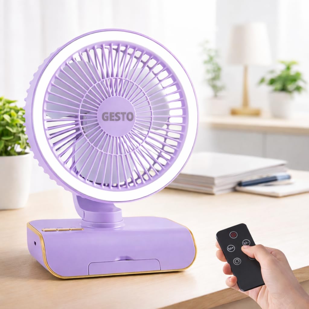 Gesto 8 Inch High Speed Rechargeable Table Fan with Remote Control | 4000mAh Battery | Automatic Oscillation | 5 Speed Modes | LED Night Light | Portable USB Charging Desk Fan for Home, Office & Study-image-16