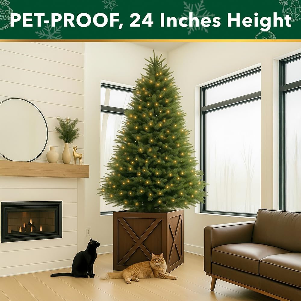 Christmas Tree Riser with Storage, 24 Inch Wooden Tree Collar Stand for 6–8 FT Trees, Magnetic Door Closure, Removable Shelf, Pet Safe Elevated Base (Brown)